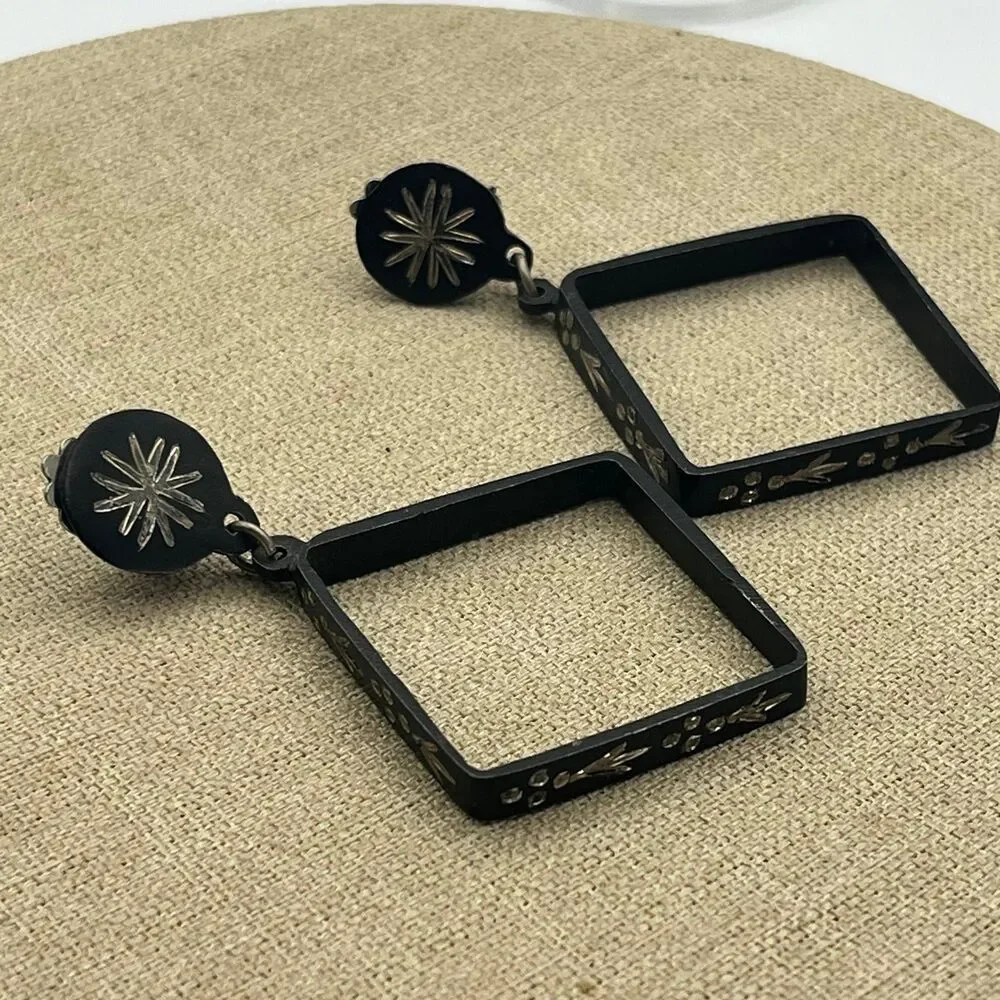 Vintage 1960s black and silver etched abstract clip on Earrings